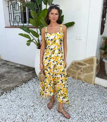 AX Paris Lemon Print Ruched Strap Midi Dress