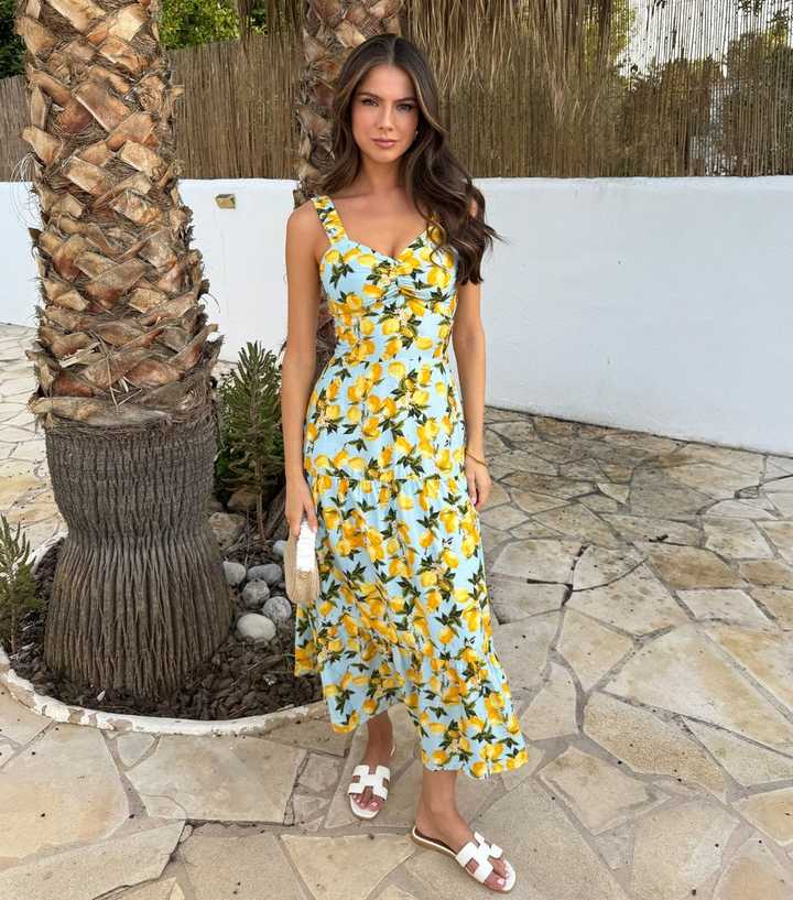 AX Paris Blue Lemon Print Shirred Midi Dress