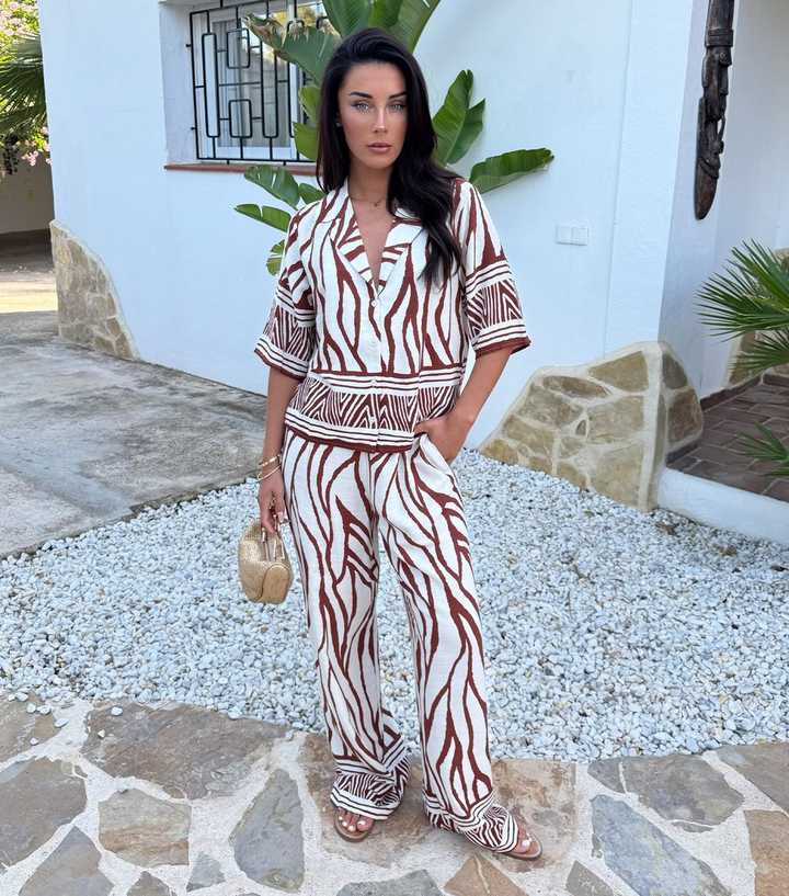 AX Paris Cream Abstract Print Wide Leg Trousers
