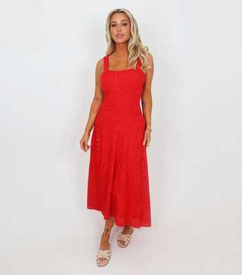 AX Paris Bright Red Broderie Shirred Straps Midi Dress