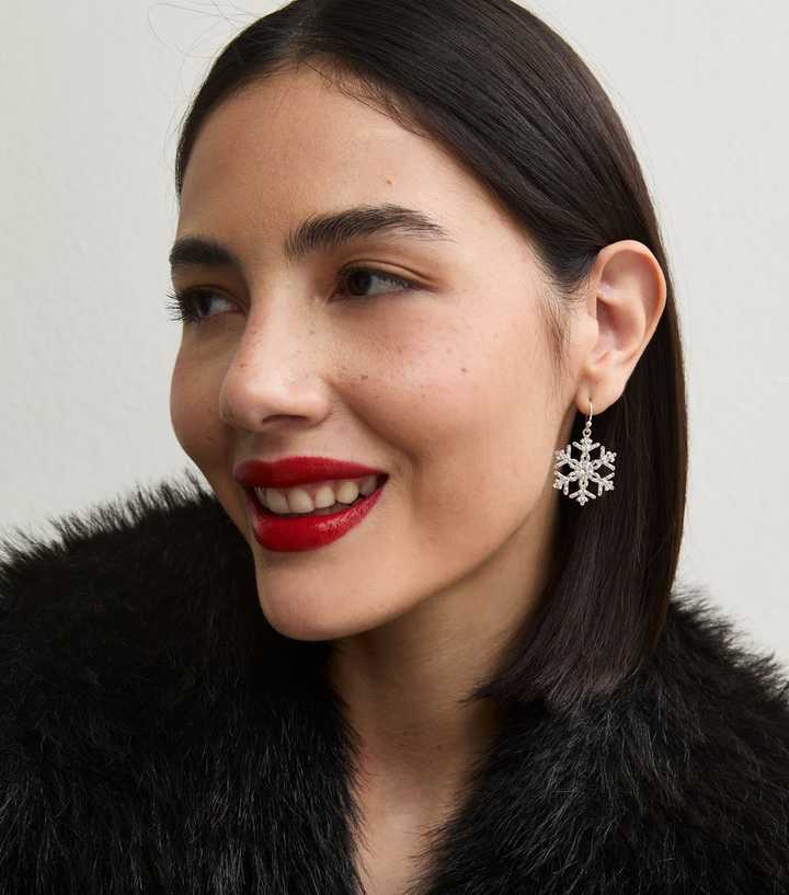 Silver Tone Christmas Diamante Snowflake Drop Earrings