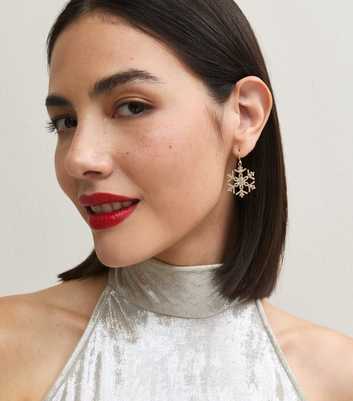 Gold Tone Christmas Diamante Snowflake Drop Earrings