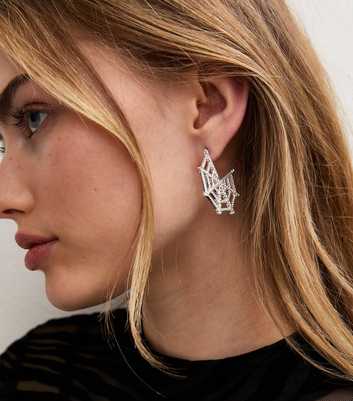 Silver Tone Halloween Sparkly Spider Web Hoop Earrings