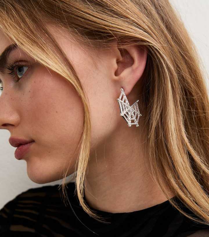 Silver Tone Halloween Sparkly Spider Web Hoop Earrings