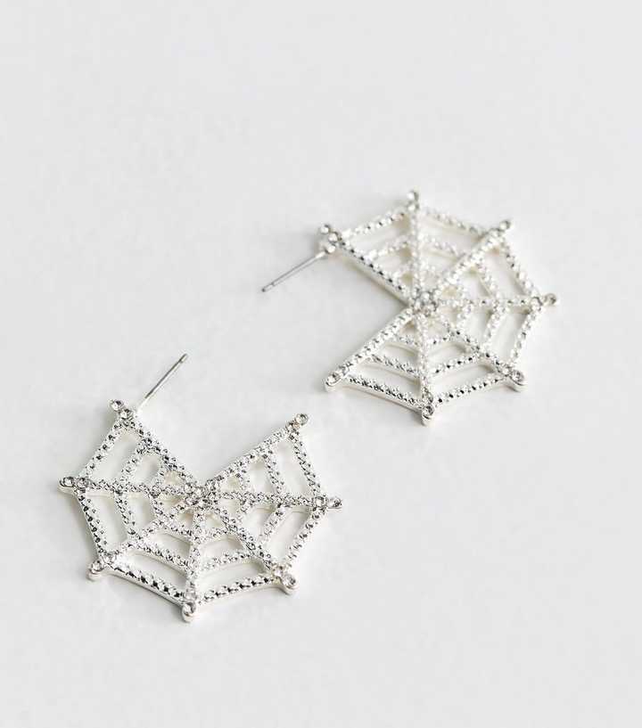Silver Tone Halloween Sparkly Spider Web Hoop Earrings