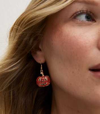 Orange Halloween Gem Embellished Pumpkin Drop Earrings