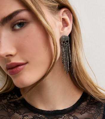 Dark Grey Rhinestone Embellished Tassel Skull Drop Earrings