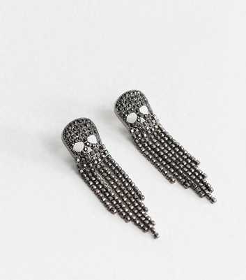 Dark Grey Rhinestone Embellished Tassel Skull Drop Earrings