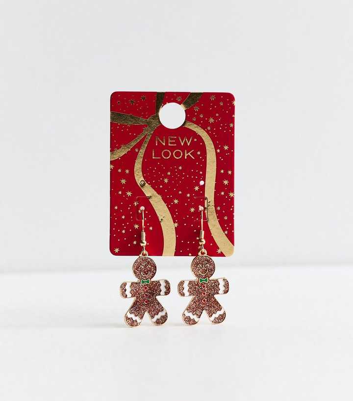 Brown Christmas Glitter Gingerbread Drop Earrings