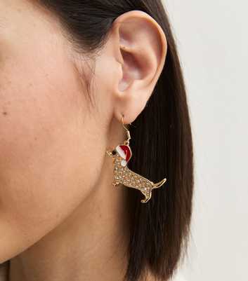 Gold Tone Christmas Diamante Sausage Dog Drop Earrings