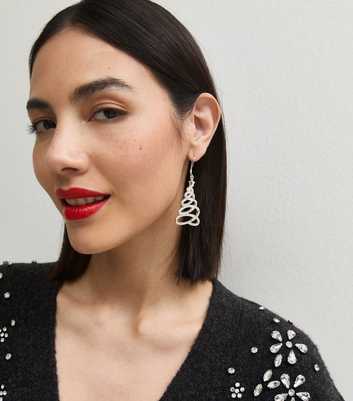 Silver Tone Christmas Tree Diamante Swirl Drop Earrings