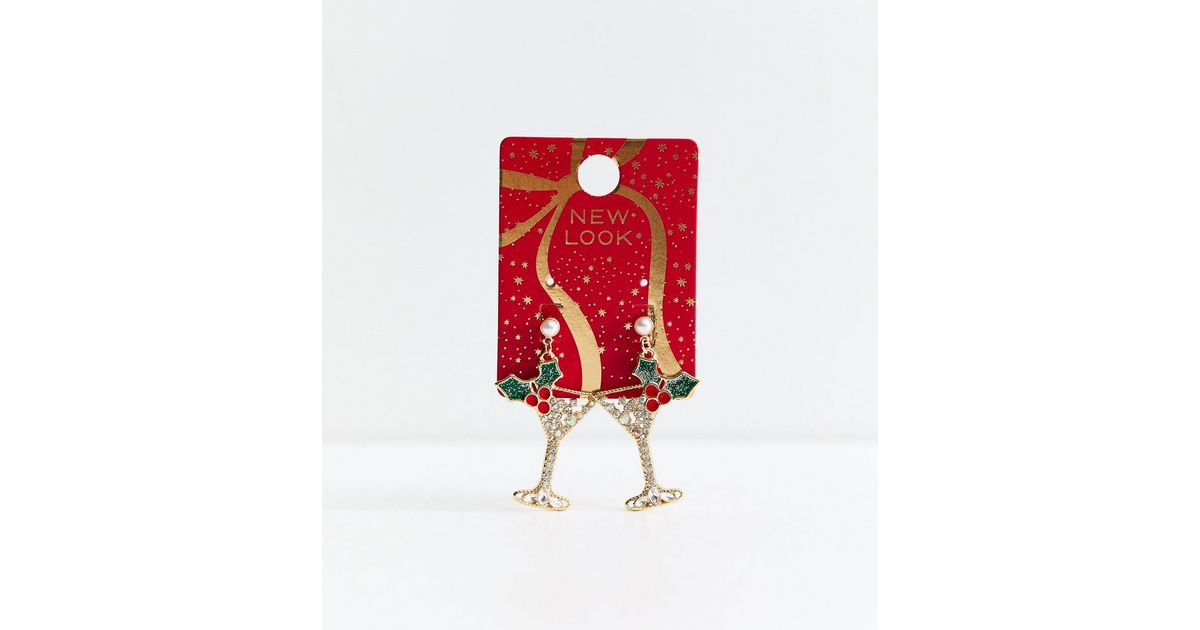 Gold Tone Christmas Diamante Cocktail Drop Earrings | New Look