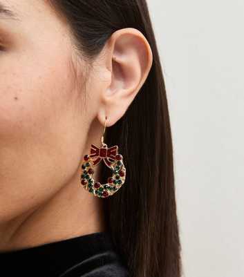 Green Christmas Bow Wreath Drop Earrings