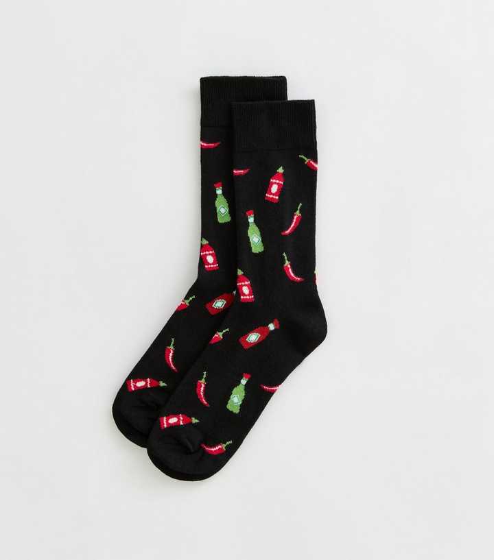 Mens Black Hot Sauce Pattern Ankle Socks