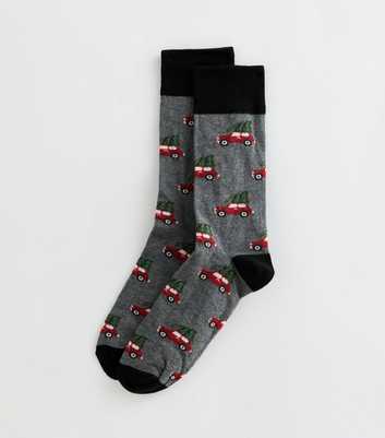 Dark Grey Cotton Rich Christmas Tree and Car Patterned Ankle Socks