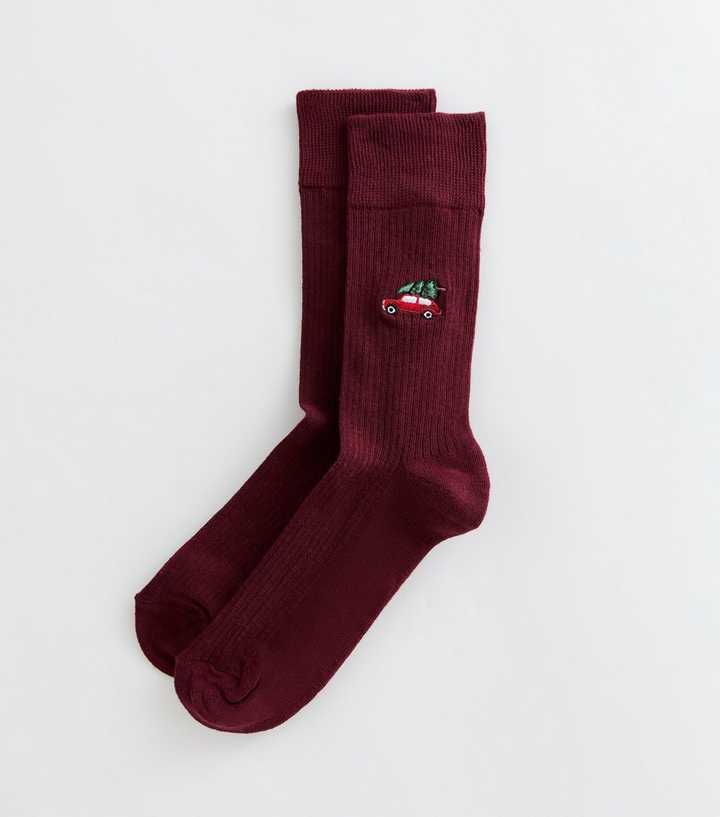 Dark Burgundy Cotton Rich Embroidered Christmas Tree and Car Ribbed Ankle Socks
