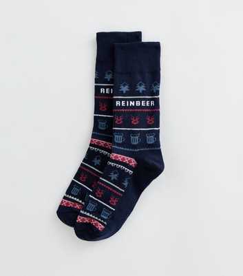 Navy Cotton Rich Christmas Fair Isle Reinbeer Slogan Ankle Socks
