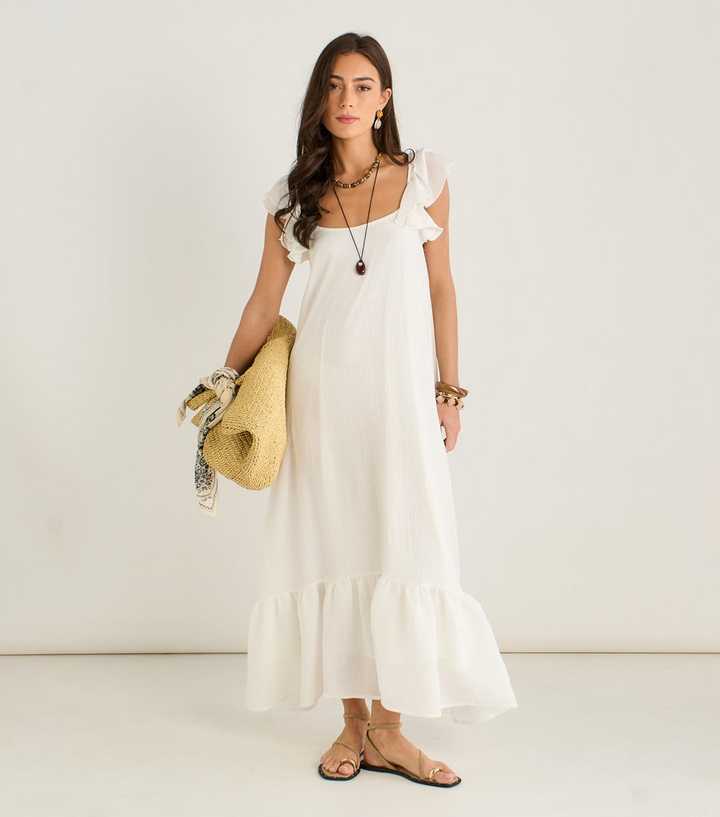 Gini London White Chiffon Ruffled Strap Maxi Dress