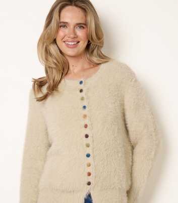 Blue Vanilla Oatmeal Fluffy Knit Contrast Button Cardigan