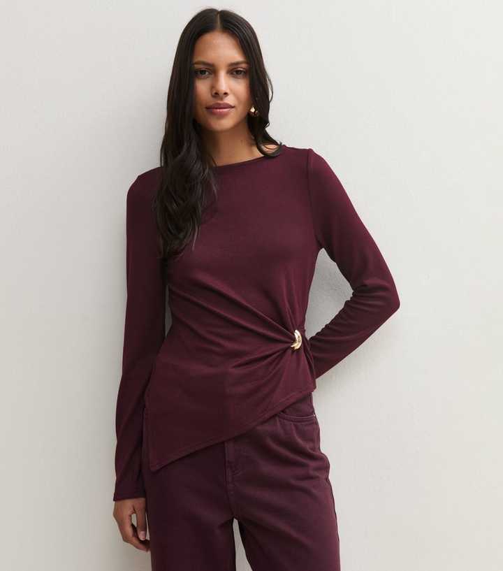 Burgundy Soft Touch Brooch long Sleeve Top