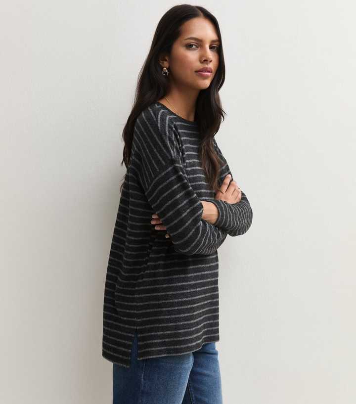 Grey Soft Touch Brushed Stripe Loose Fit Top