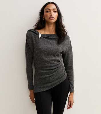 Dark Grey Jersey Silver Tone Brooch Slash Neck Asymmetric Hem Top