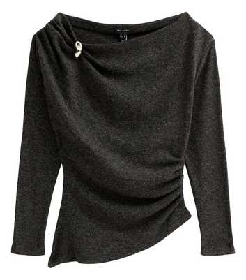 Dark Grey Jersey Silver Tone Brooch Slash Neck Asymmetric Hem Top