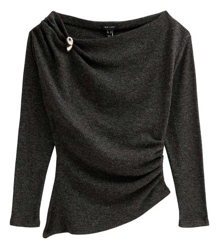 Dark Grey Jersey Silver Tone Brooch Slash Neck Asymmetric Hem Top