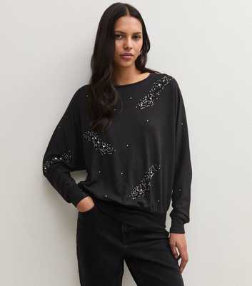 Black Soft Touch Sequin Embellished Batwing Sleeve Top
