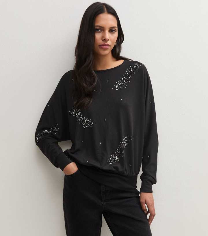 Black Soft Touch Sequin Embellished Batwing Sleeve Top