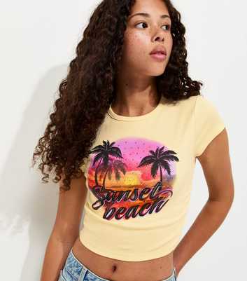 Girls Light Yellow Gem Embellished Sunset Beach Printed T-Shirt