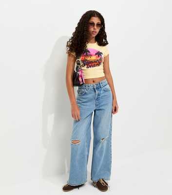 Girls Light Yellow Gem Embellished Sunset Beach Printed T-Shirt