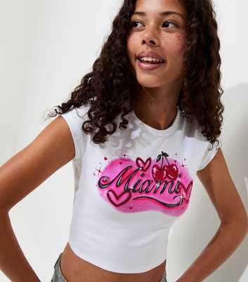 Girls White Cotton Miami Embellished Cherry Print T-Shirt