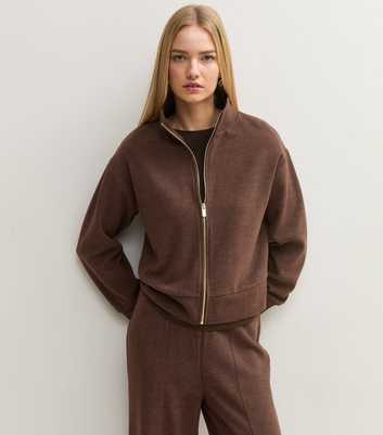 Dark Brown Soft Touch Zip Up High Neck Jacket