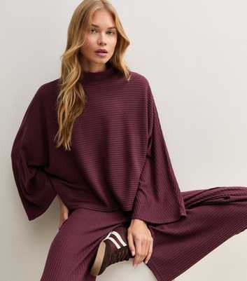 Dark Burgundy Soft Touch Ribbed Stand Neck Cape Sleeve Top