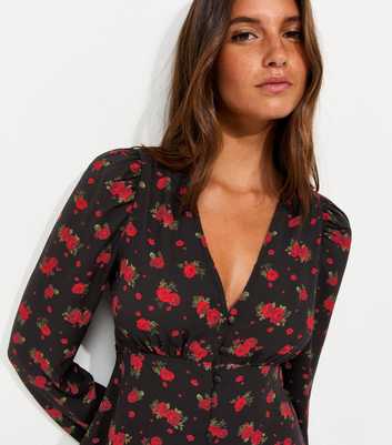 Red and Black Printed V Neck Blouse