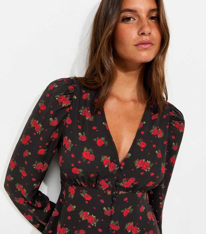 Red and Black Printed V Neck Blouse