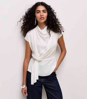 Cream Cowl Neck Draped Short Sleeve Blouse