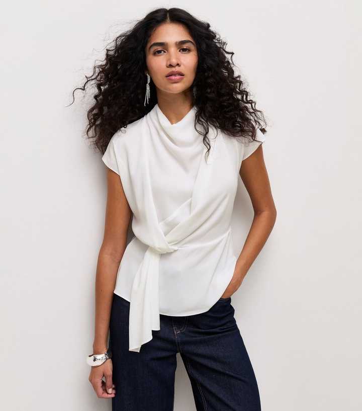 Cream Cowl Neck Draped Short Sleeve Blouse