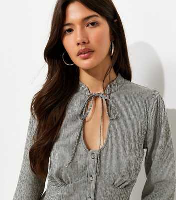 Grey Check Keyhole Long Sleeve Blouse