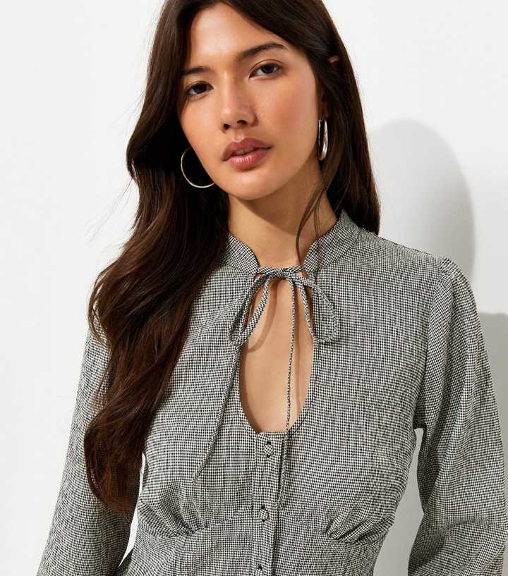 Grey Check Keyhole Long Sleeve Blouse