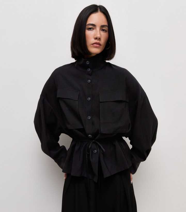 Black Long Sleeve Funnel Neck Lightweight Shacket