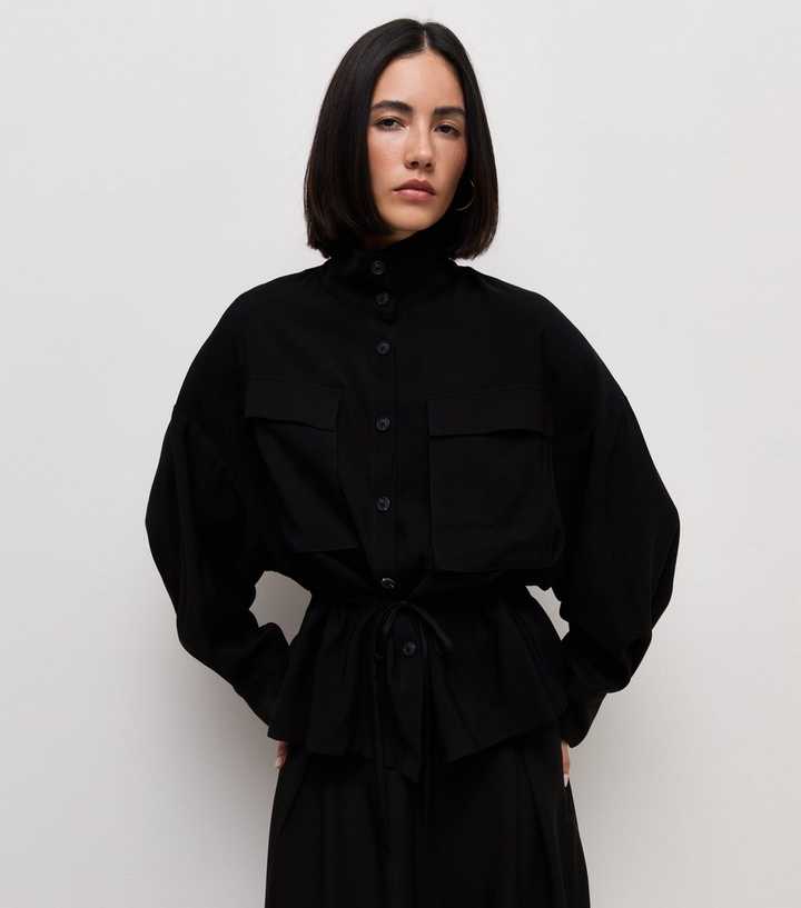 Black Long Sleeve Funnel Neck Shacket