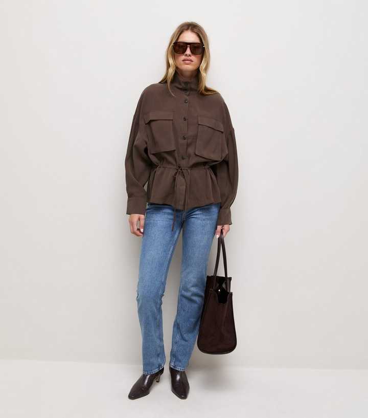 Dark Brown Long Sleeve Funnel Neck Shacket