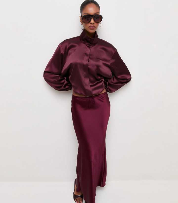Dark Burgundy Satin Funnel Neck Shirt