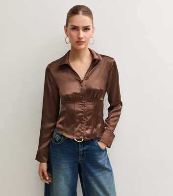 Dark Brown Satin Ruched Corset Long Sleeve Shirt