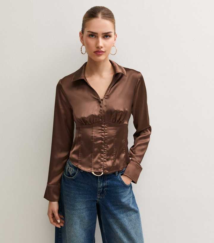 Dark Brown Satin Ruched Corset Long Sleeve Shirt