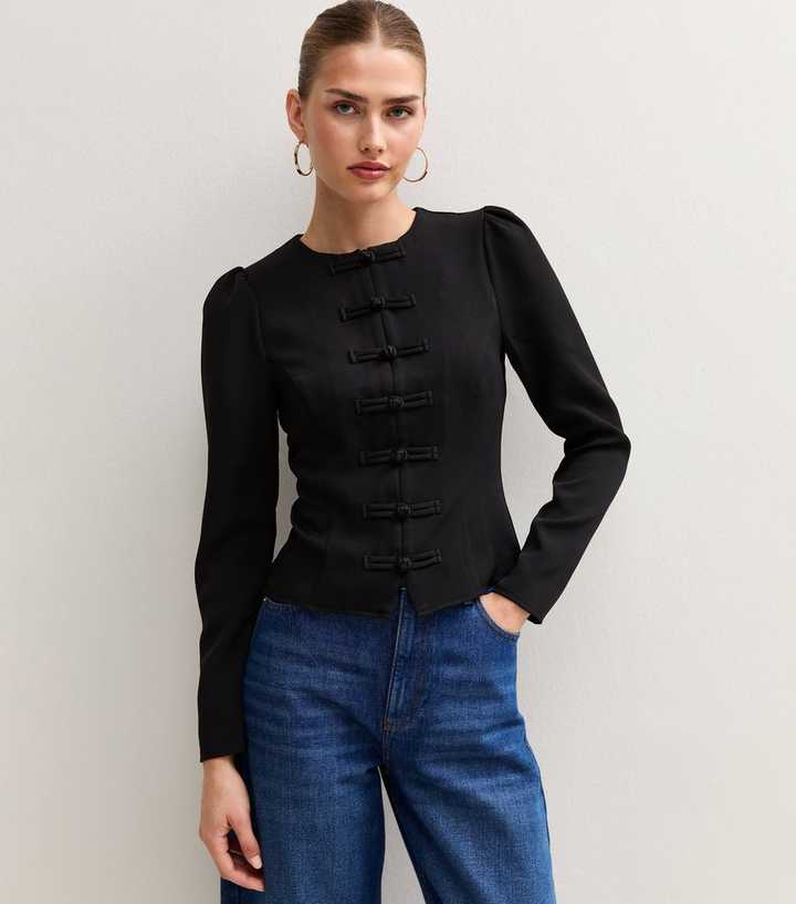 Black Fitted Frog Button Long Sleeve Top
