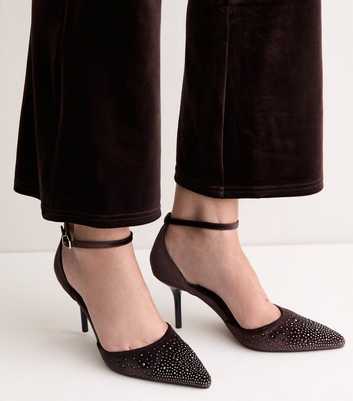Dark Brown Velvet Gem Embellished Stiletto Pumps