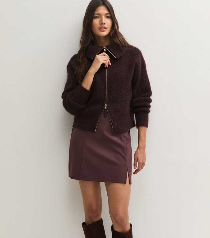 Dark Burgundy Notched Front Jersey Mini Skirt